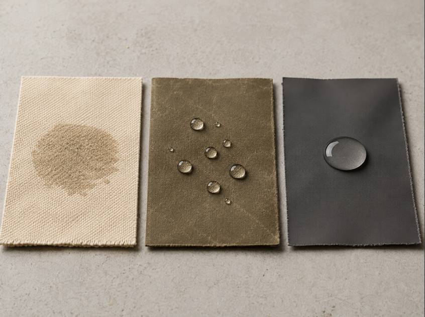 Water resistant vs water repellent vs waterproof fabric swatches showing absorbed water, beading water, and pooled water on coated fabric