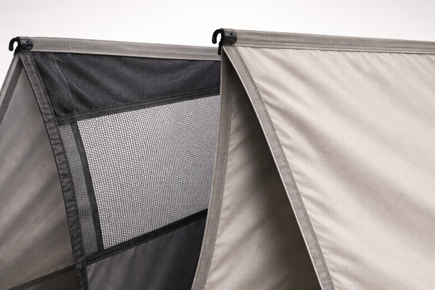 Noseeum mesh paired with lightweight tent fabric to show separate bug protection and weather protection layers.