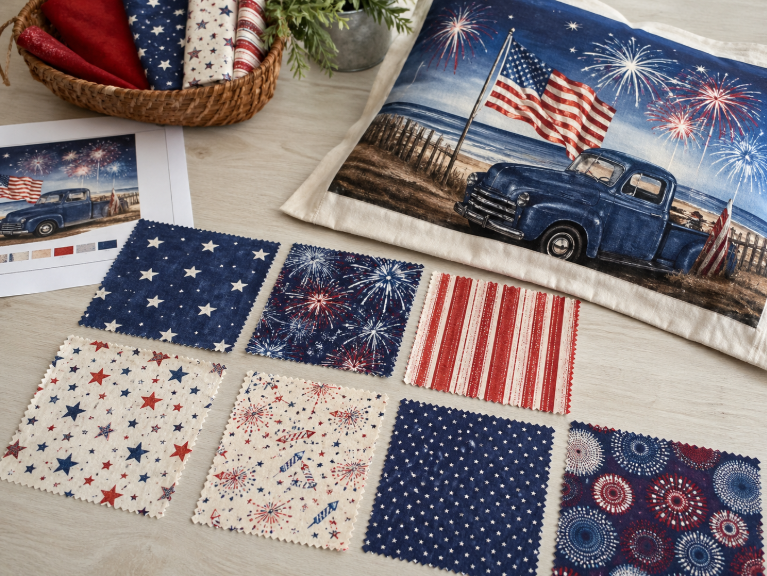 Custom printed fabric swatches with patriotic star and stripe designs next to a finished 4th of July pillow panel for a personalized craft project
