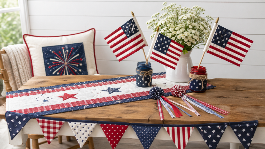 Reusable 4th of July fabric craft projects including patriotic bunting, a table runner, mini flags, ribbon sparklers, and a custom pillow panel