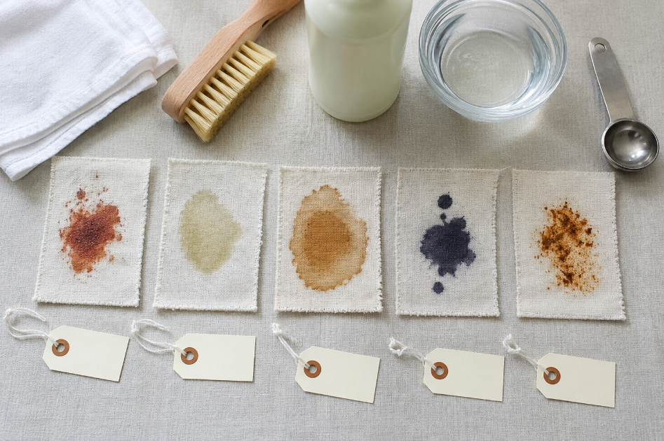 Fabric swatches showing protein, grease, coffee, ink, and rust stains for a stain type fabric cleaning guide