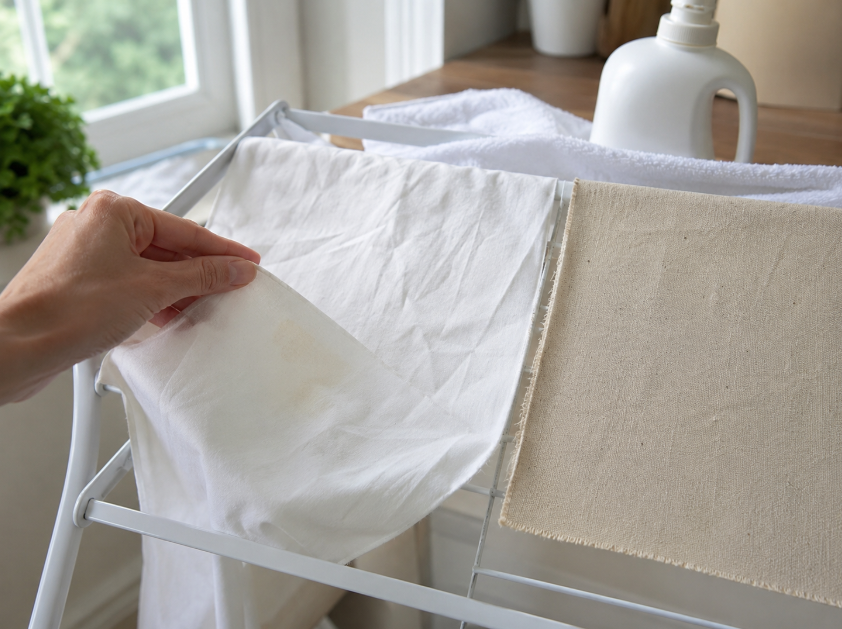 Treated fabric air drying on a rack before heat inspection to prevent dryer heat from setting stains