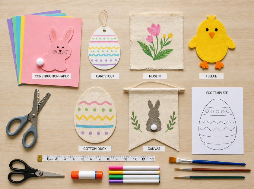 A styled flat lay comparing paper, cardstock, muslin, fleece, cotton duck, and canvas, alongside matching Easter craft examples.