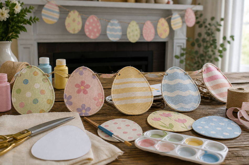 Reusable cotton duck Easter egg banner with painted fabric egg shapes hanging as family Easter decor