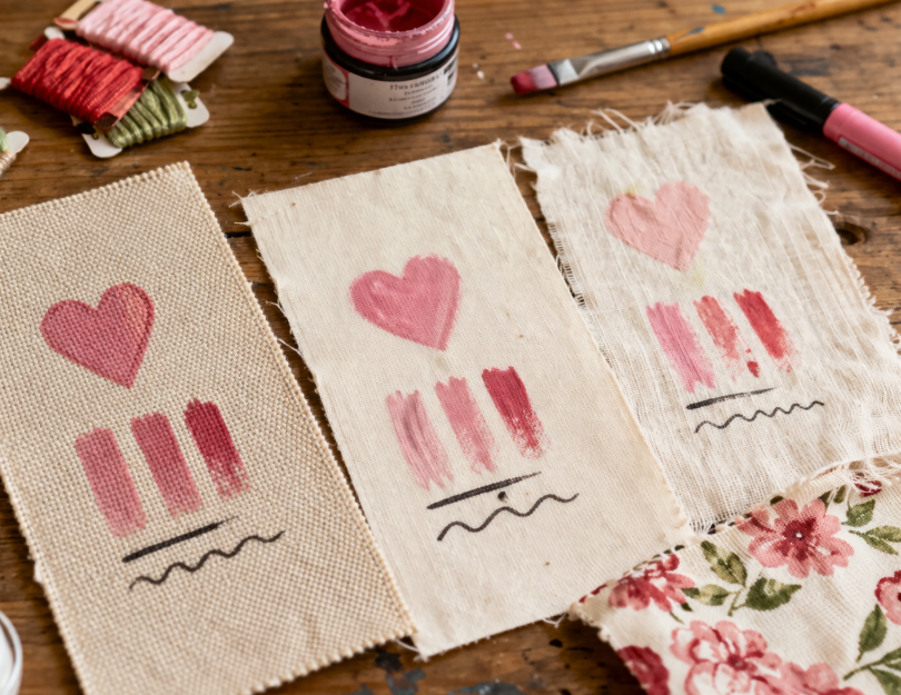 Close-up of paint and marker tests on cotton duck, canvas fabric, and muslin swatches for Mother’s Day craft projects