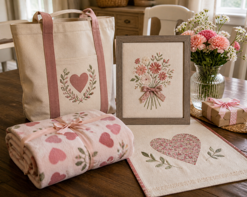 Finished handmade Mother’s Day gifts including a cotton duck tote, muslin keepsake panel, fleece blanket, and fabric table decor