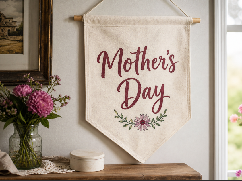 Handmade Mother’s Day banner made from cotton duck or canvas fabric with painted lettering and a finished edge