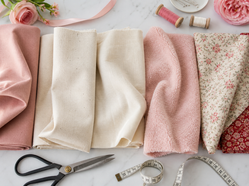 Overhead flat lay of Mother’s Day fabric options including cotton duck, canvas fabric, muslin, fleece, and printed fabric swatches for gifts, crafts, and decor