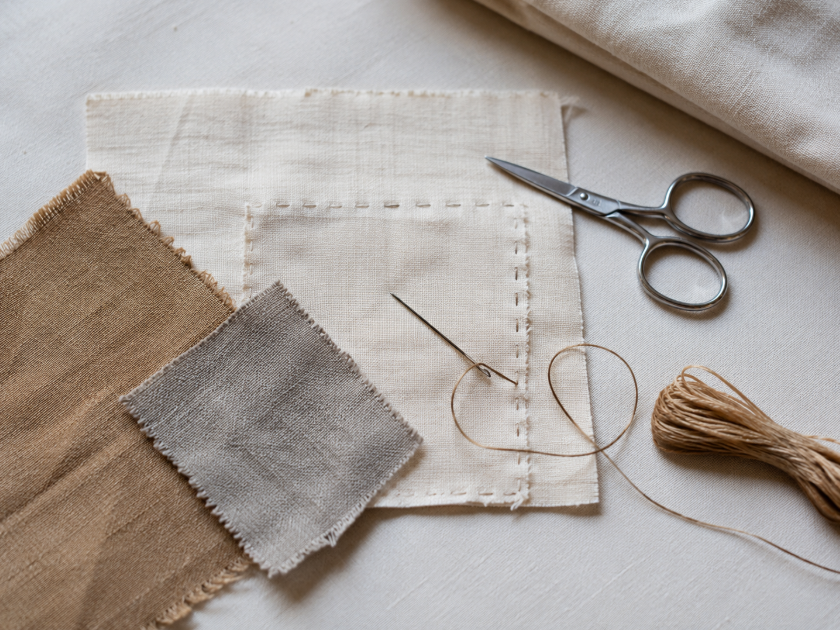 Beginner slow stitching sample with fabric scraps, running stitch, needle, and cotton thread on a light fabric base