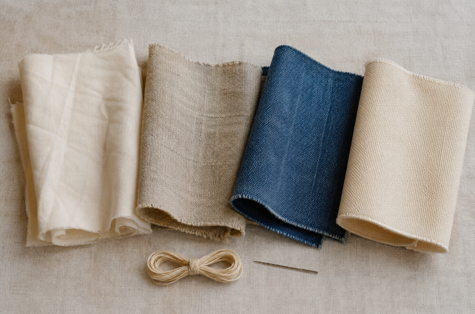 Slow stitching fabric comparison showing muslin, linen, denim, and cotton duck canvas with thread and needle