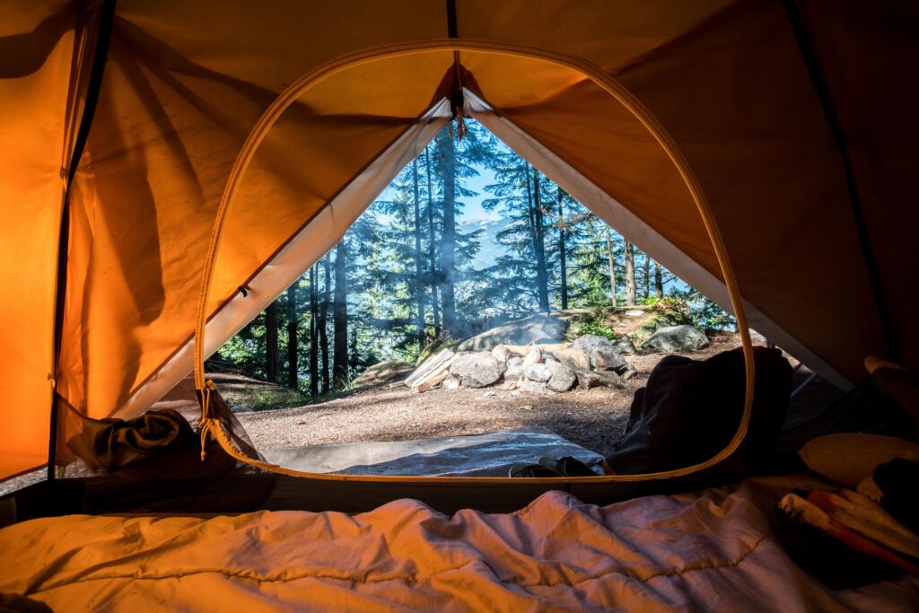 inside a tent looking out into the woods