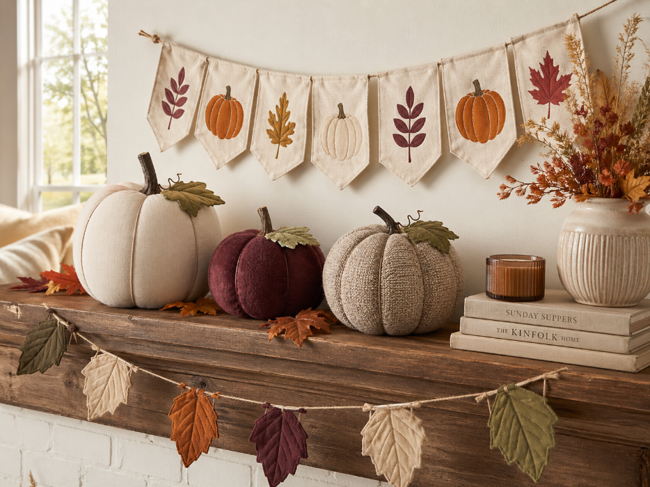 Adult fall craft display with cotton duck canvas banner, fabric pumpkins, leaf garland, and autumn table decor on a mantel.