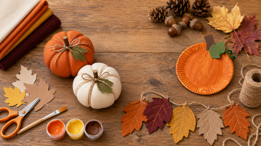 Flat lay of fall crafts including fabric pumpkins, leaf garlands, paper plate pumpkins, pinecones, cotton duck fabric, scissors, twine, and paint arranged on a wooden table.