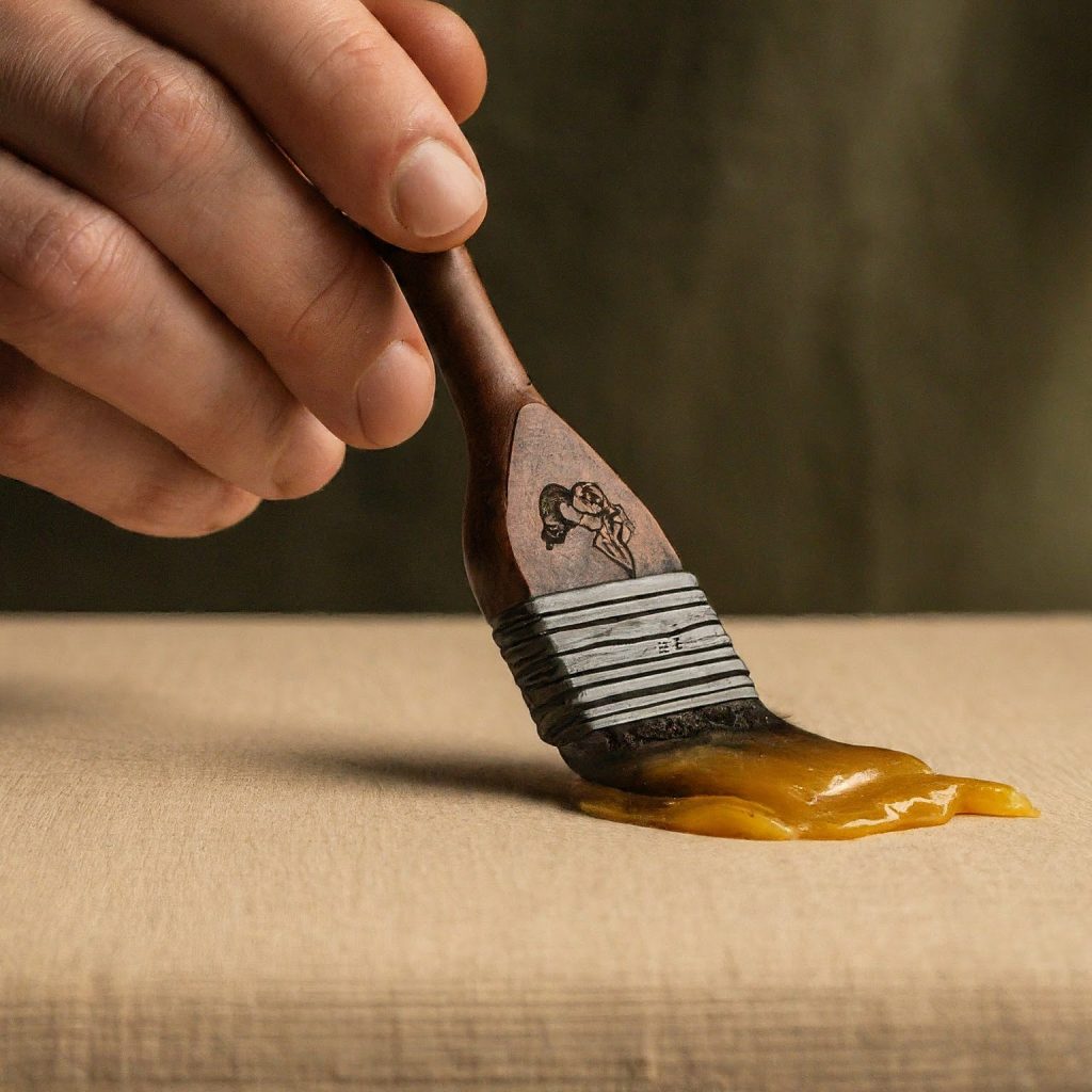 A person applying beeswax to a piece of raw cotton canvas using a brush