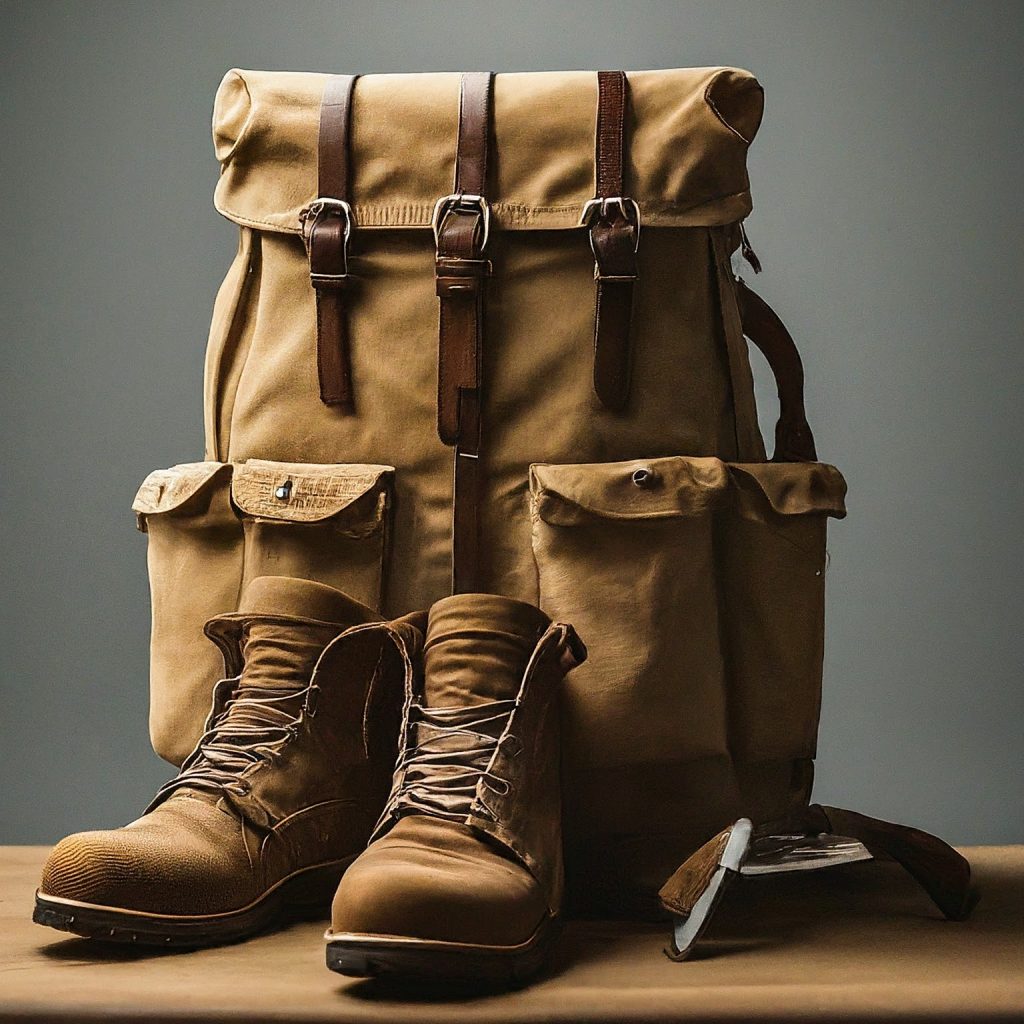 A waxed canvas bag or backpack lying flat, filled with heavy objects like hiking boots, camping gear, or tools, showcasing its ability to hold weight without tearing