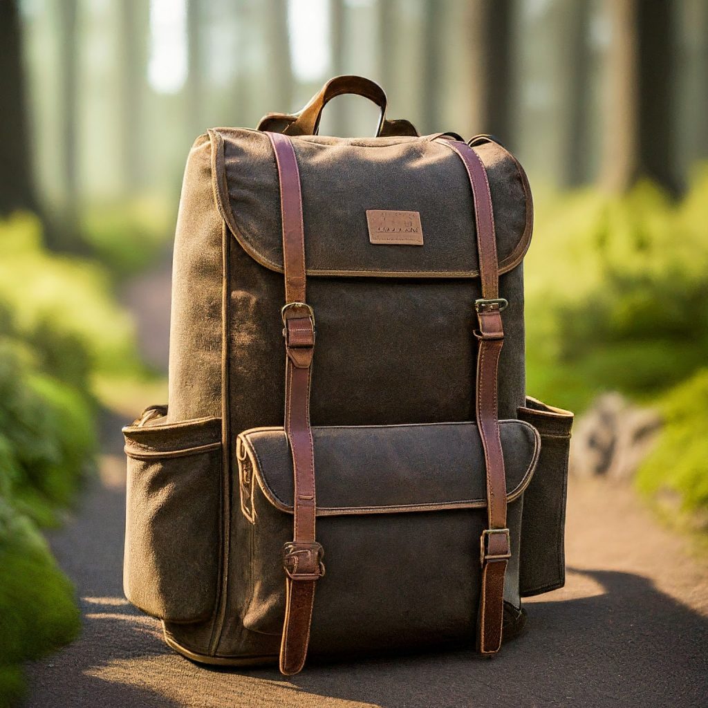 Durable waxed canvas backpack on a hiking trail

