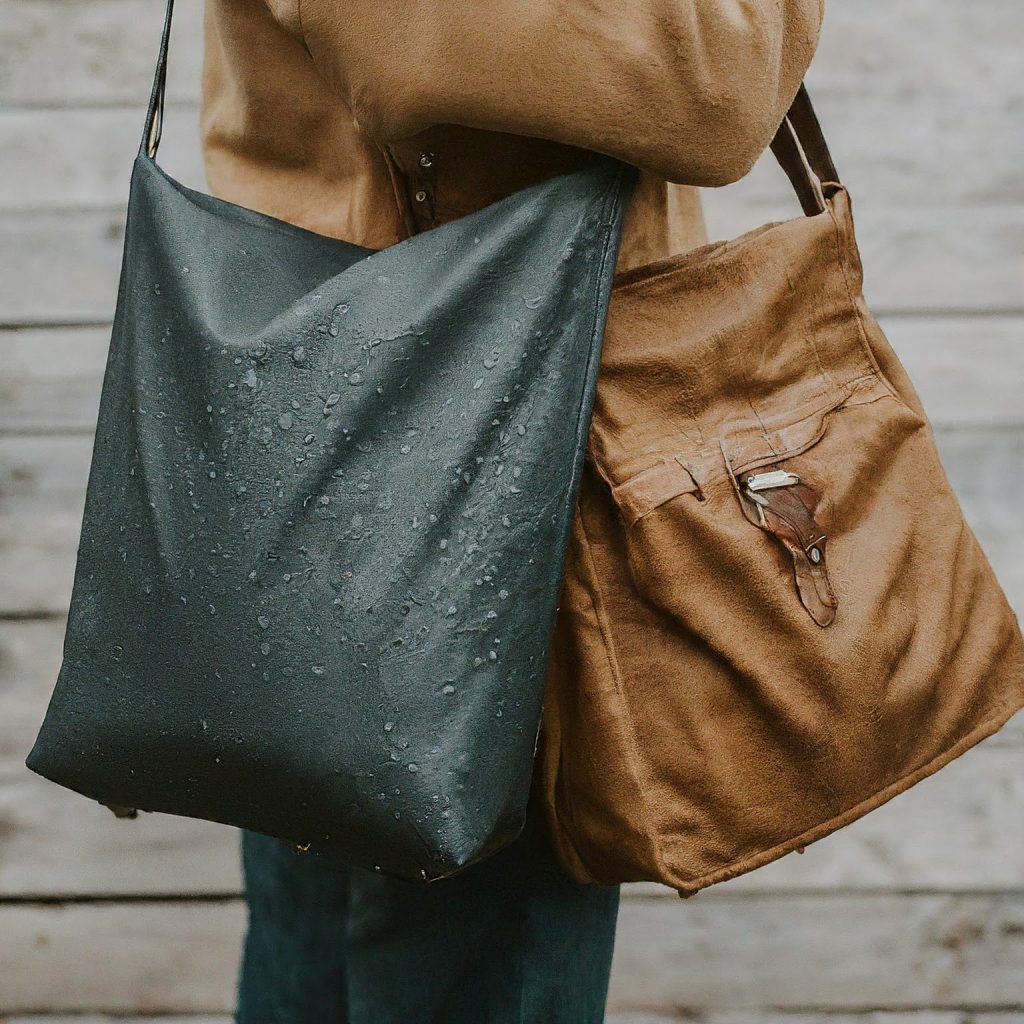 Waxed canvas bag vs. synthetic waterproof bag, comparing natural and modern materials