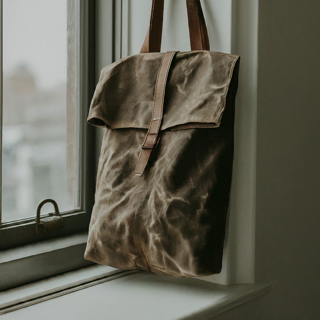 Weathered waxed canvas bag showing patina and durability