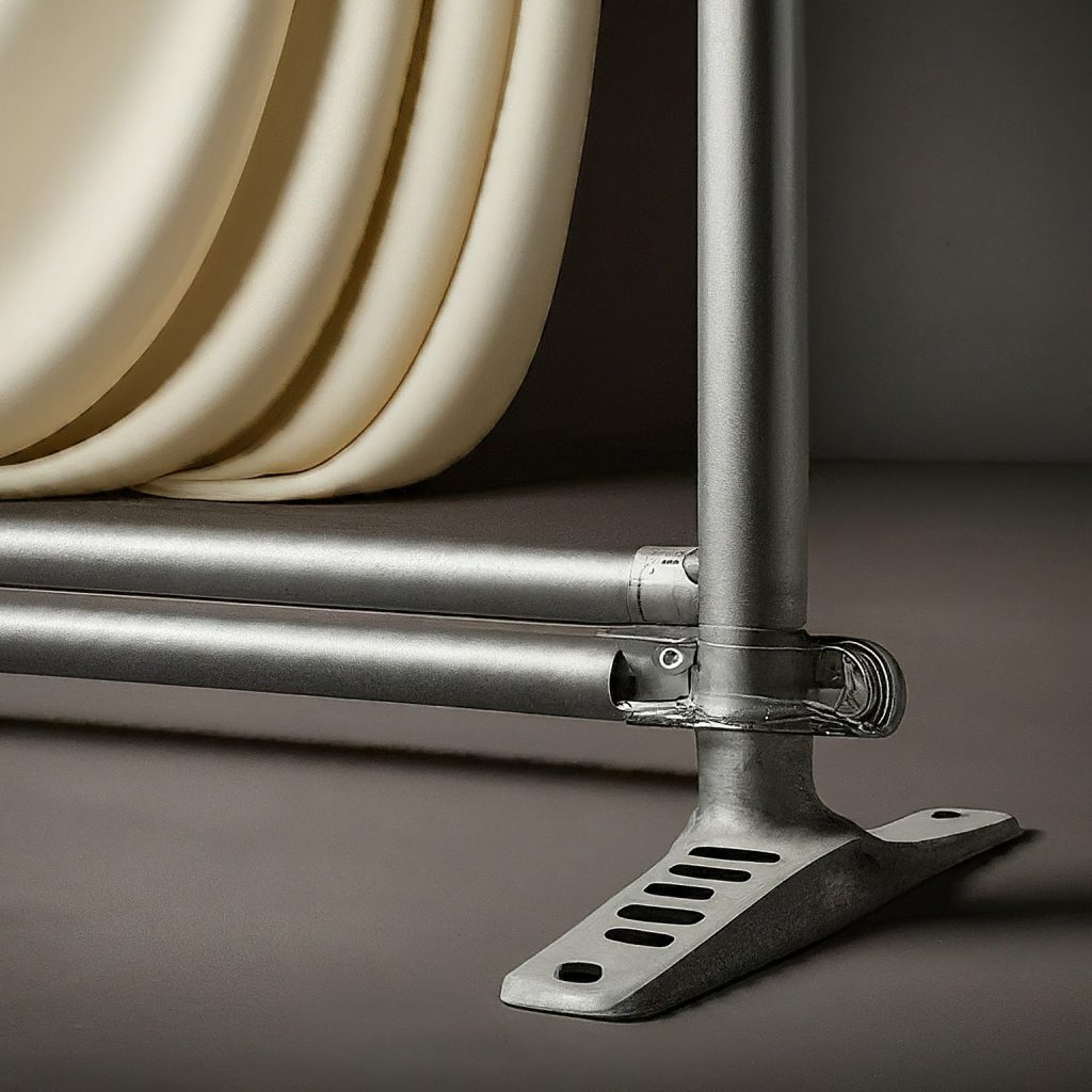 Close-up of pipe and drape baseplate and upright pipe