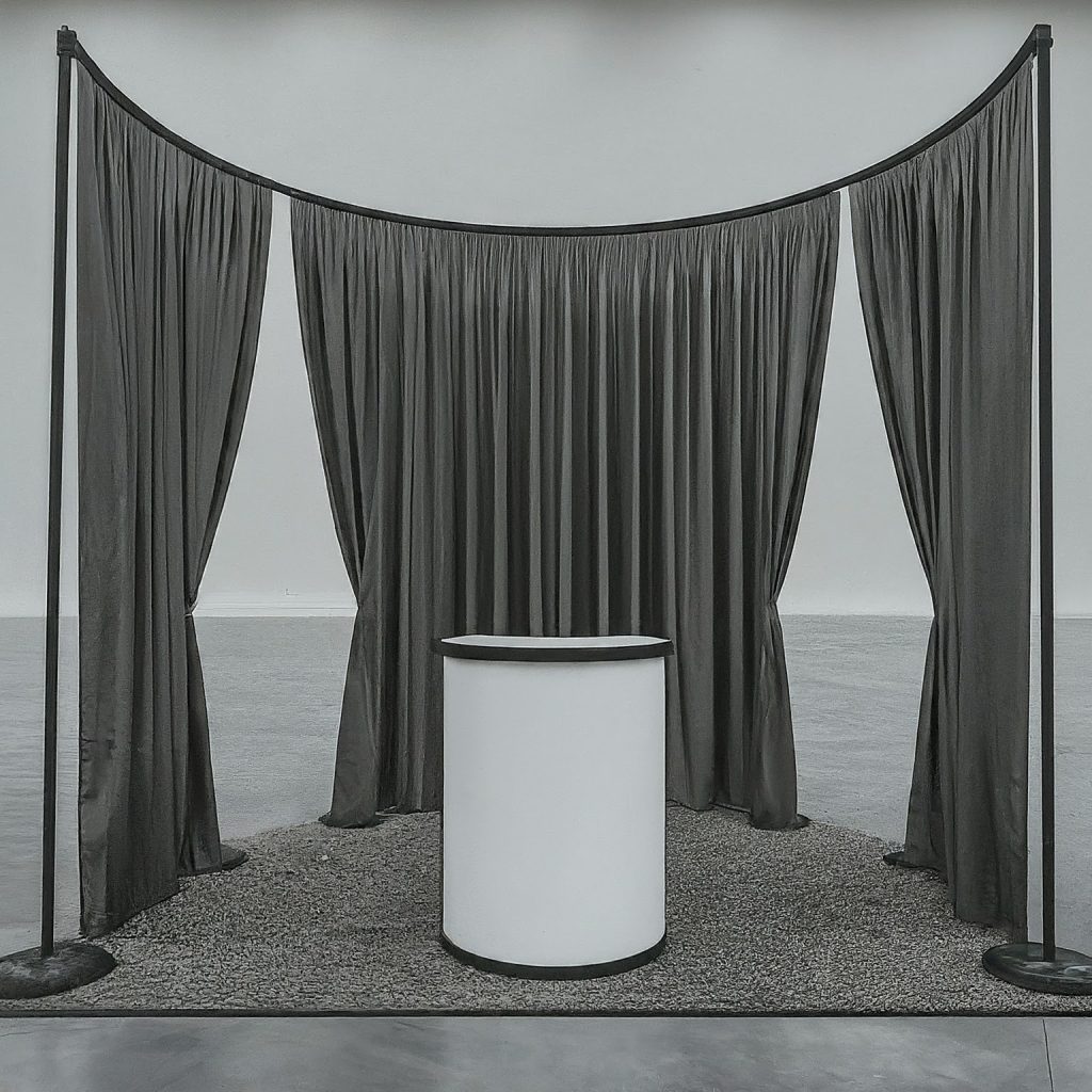 Corner trade show booth using curved pipe and drape for a dynamic look