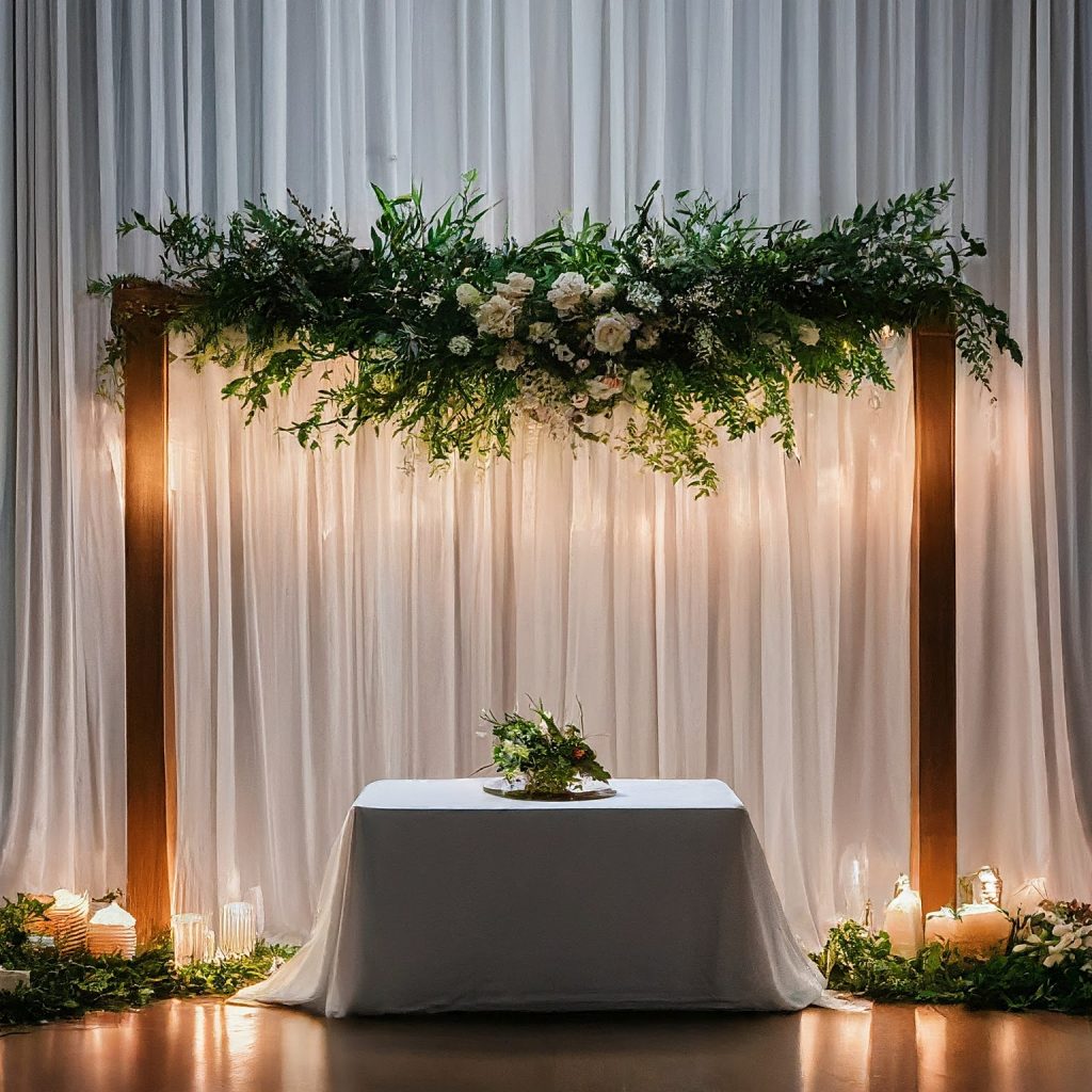 Elegant wedding reception with pipe and drape backdrop using sheer white fabric and fairy lights