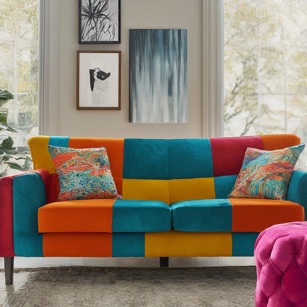 Modern living room with a bold orange velvet sofa