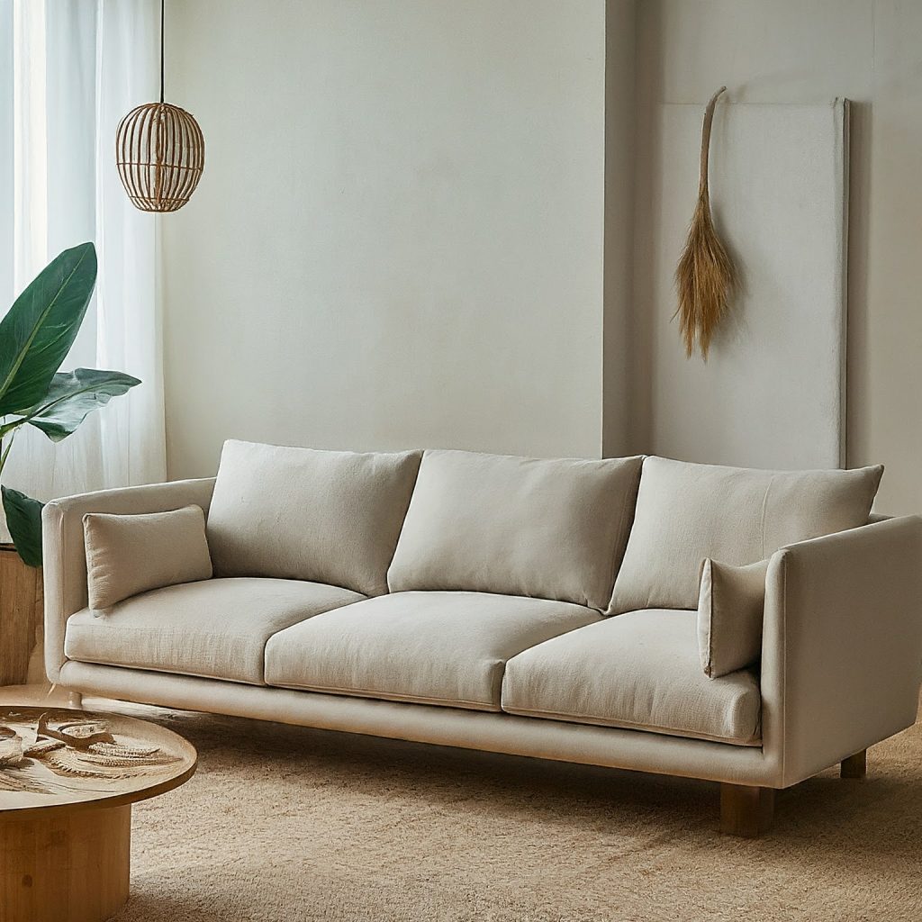 Modern living room with a light-colored linen sofa and natural accents