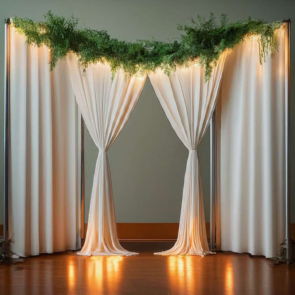 Budget-friendly pipe and drape room divider with string lights and greenery