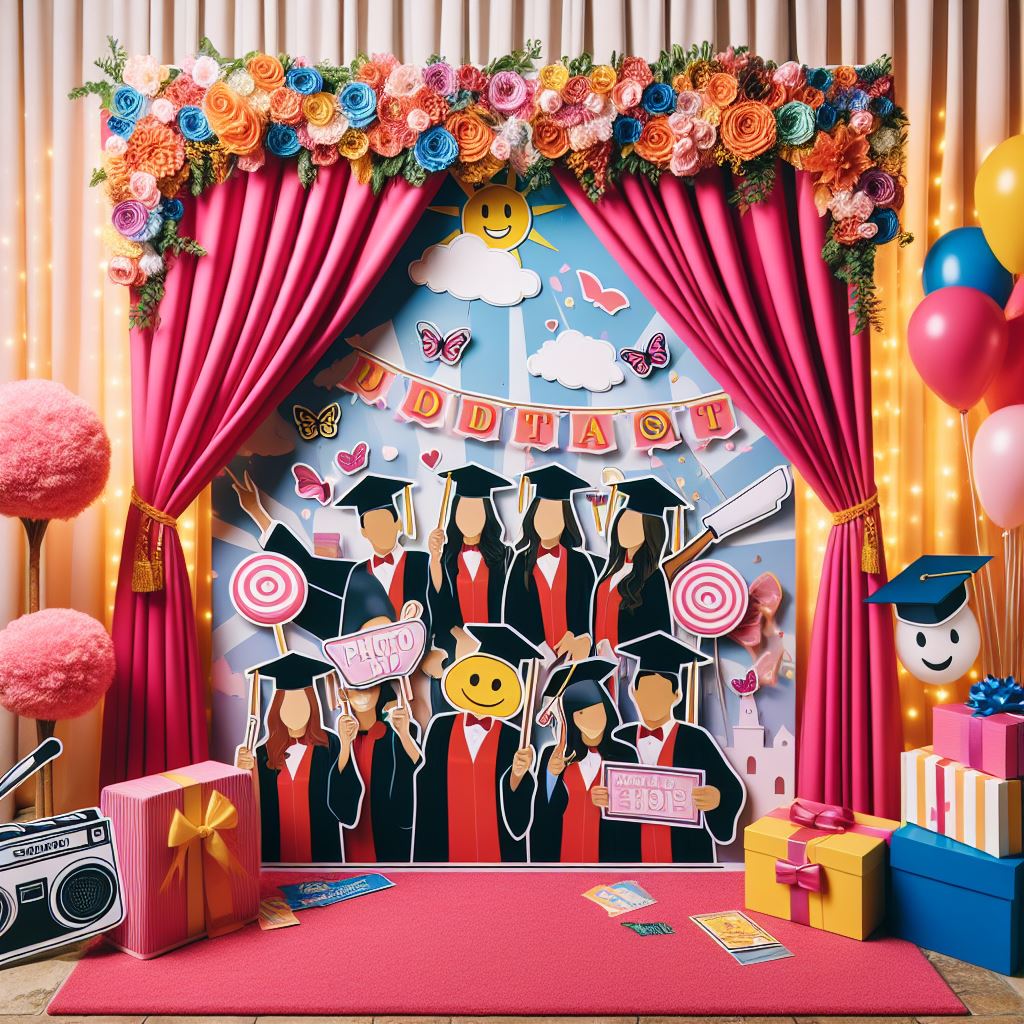 Vibrant pipe and drape photo booth with graduation-themed props