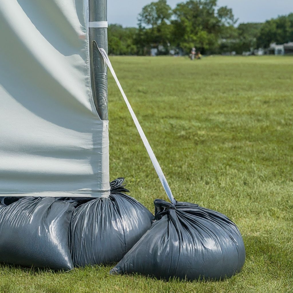 Weighted baseplate using sandbags to secure pipe and drape outdoors