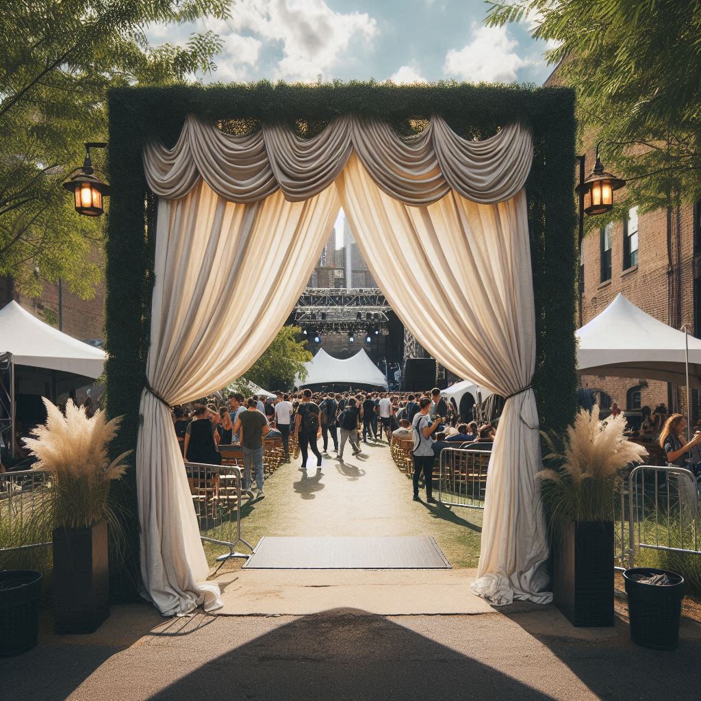 pipe and drape entranceway to an outdoor music festival