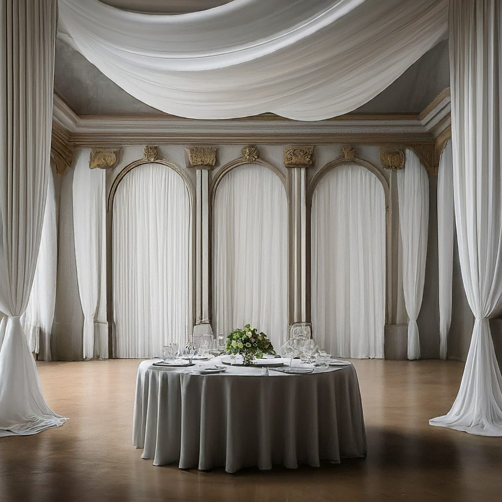An elegant event space with draped walls and ceiling