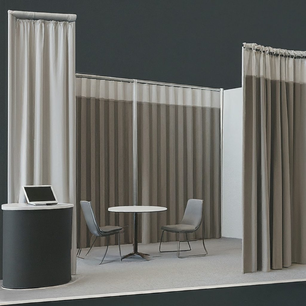 Pipe and drape dividers create privacy and visual interest in a trade show booth