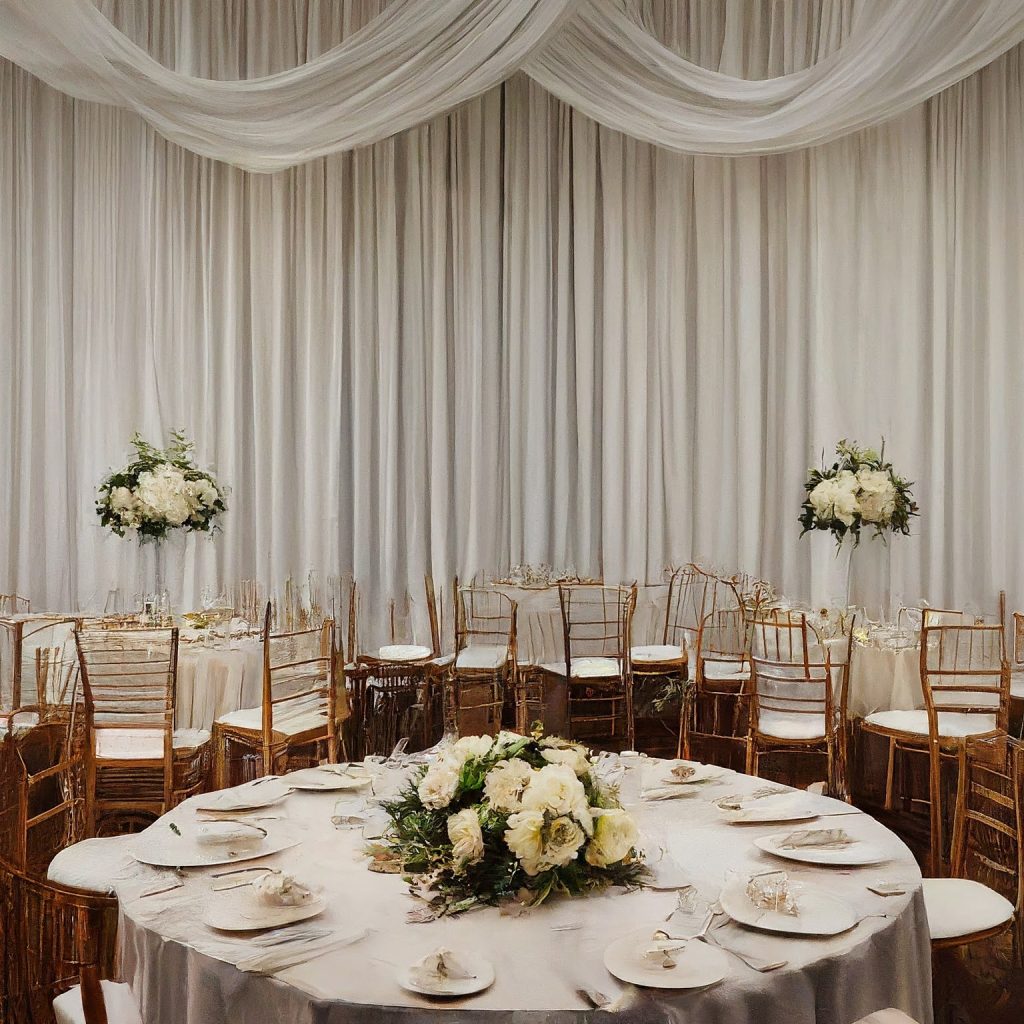White pipe and drape create a stunning backdrop for a wedding reception