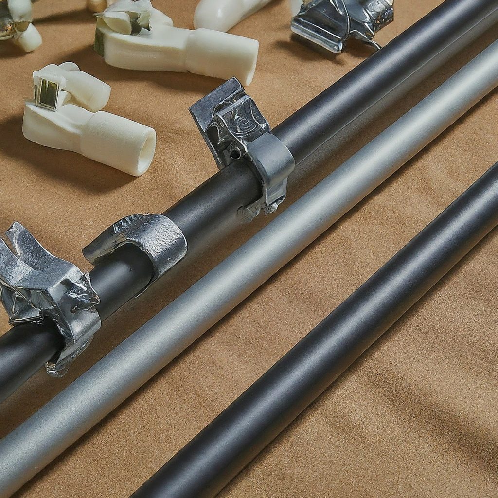 close-up of different pipe and drape accessories, including clamps, connectors, and bases