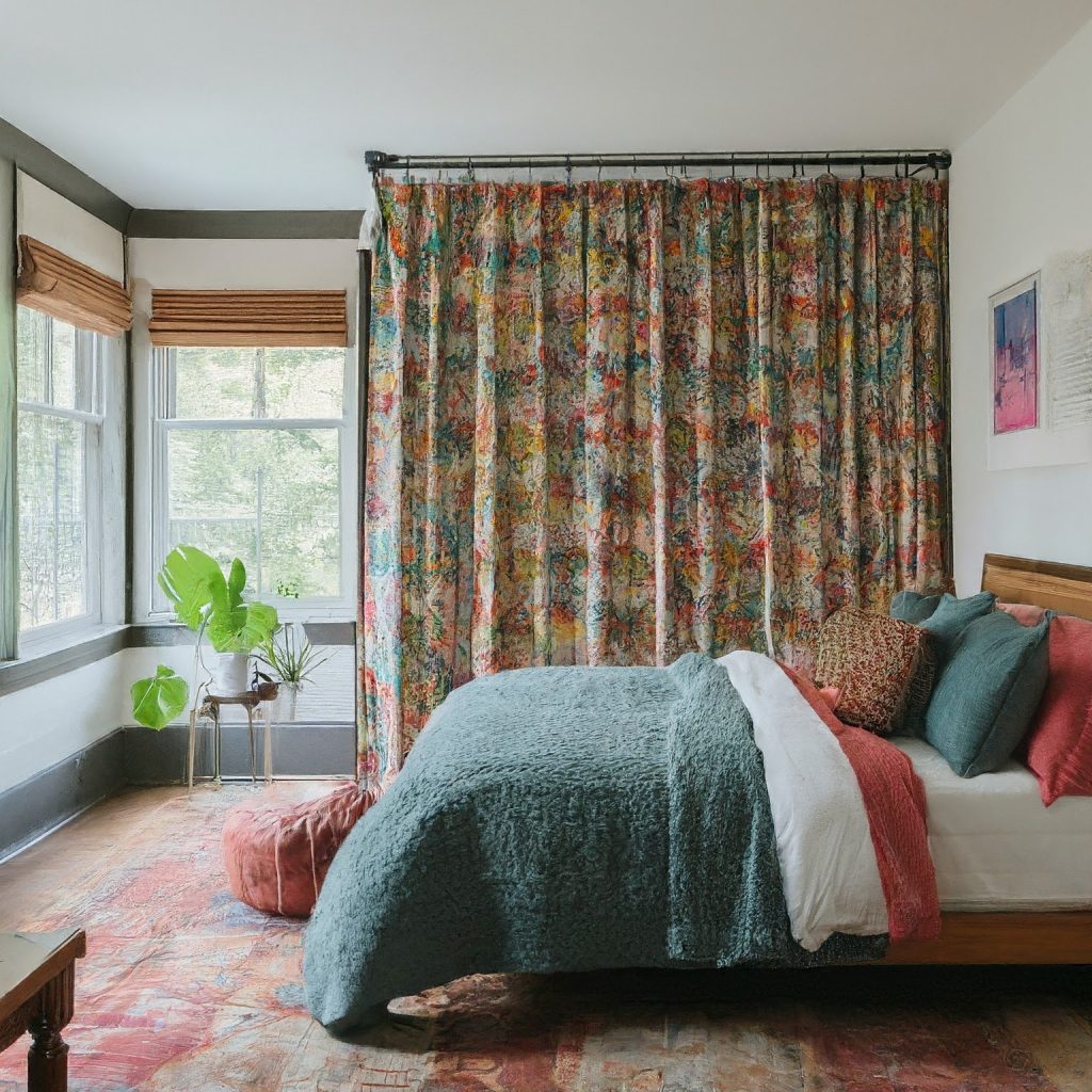 A bedroom with a pipe and drape room divider featuring a colorful patterned fabric