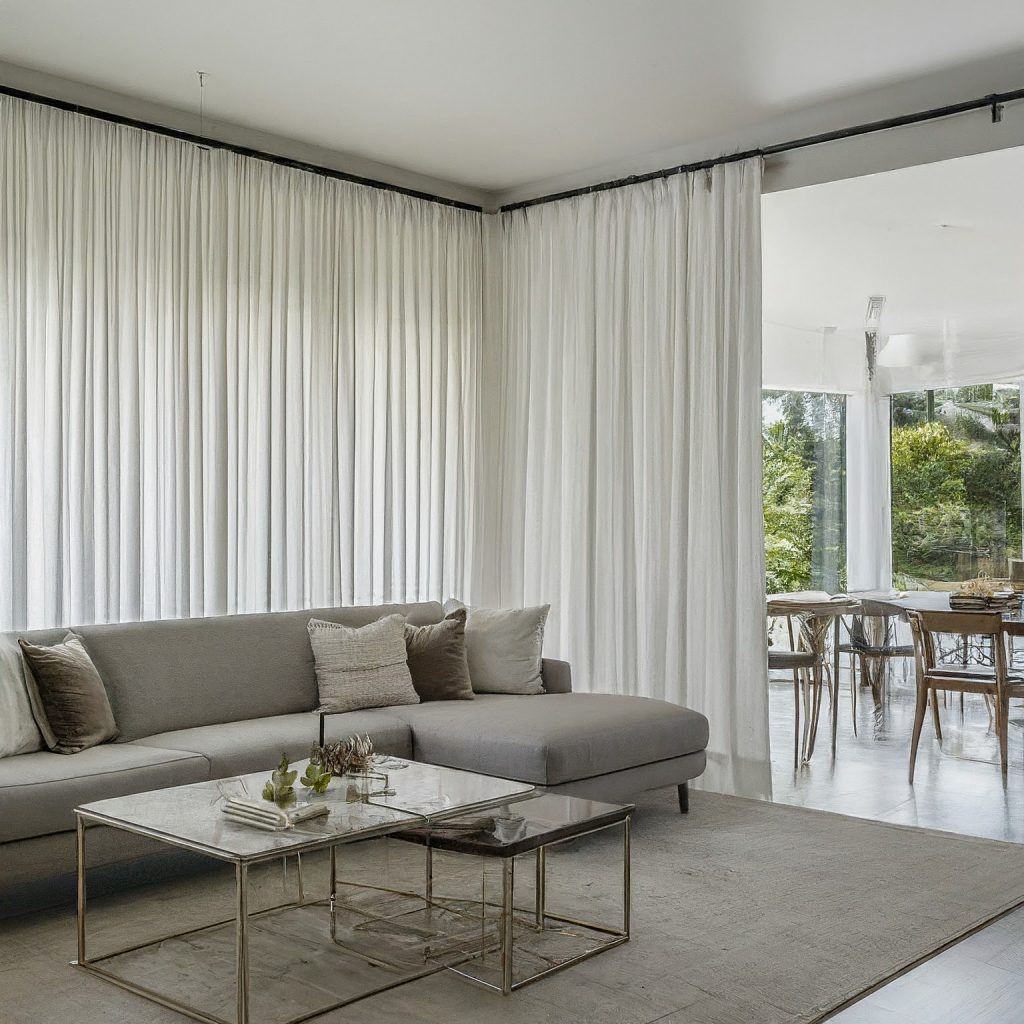 A living room divided into two sections using a pipe and drape system with sheer white fabric