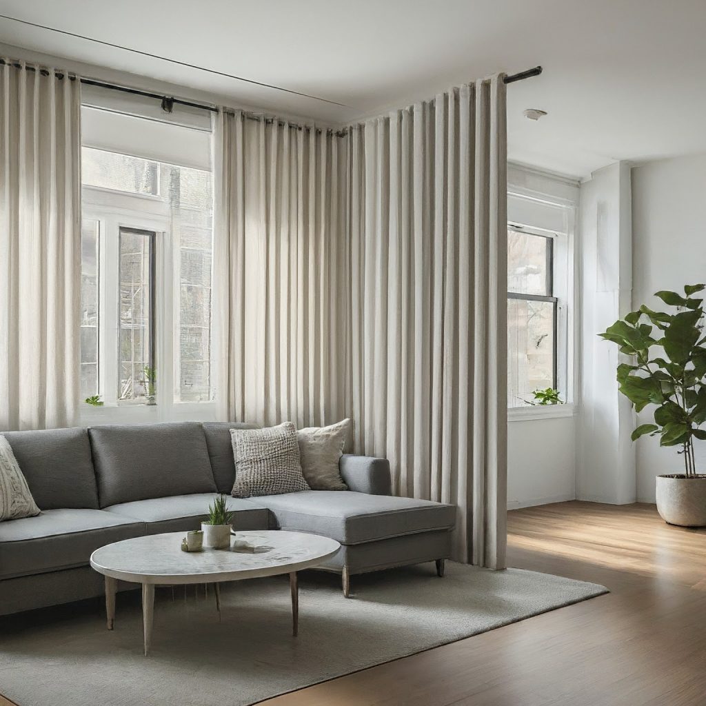 A studio apartment using a pipe and drape room divider to separate the sleeping area from the living area