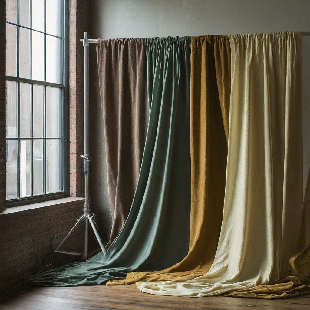A variety of fabrics draped over a pipe and drape system showcasing different textures and colors