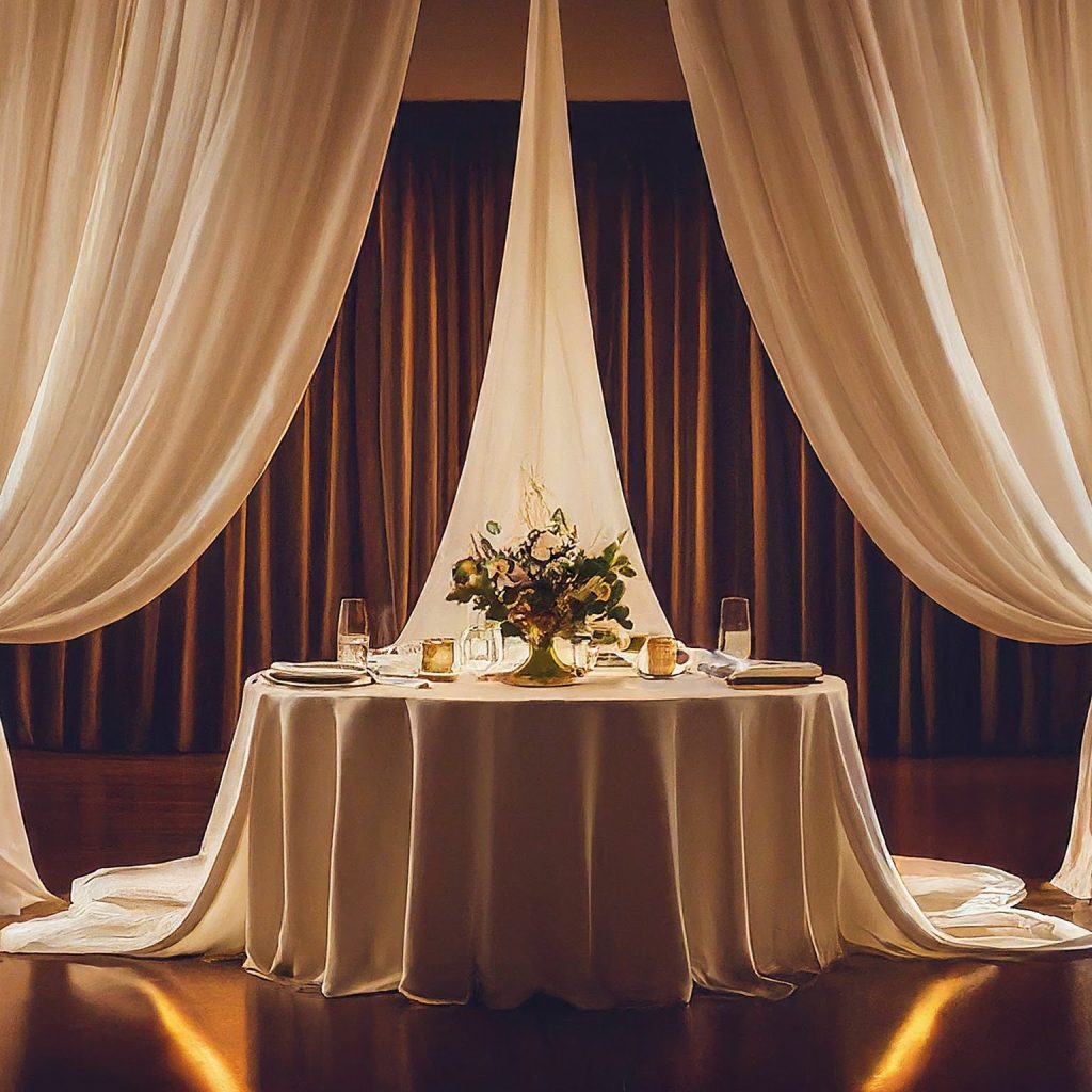 A wedding reception with a pipe and drape backdrop illuminated with warm, amber uplighting