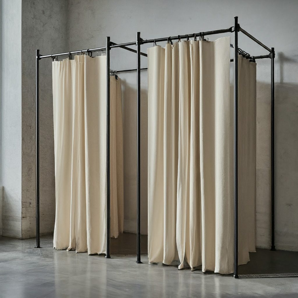 Portable dressing rooms created with pipe and drape in a clothing store