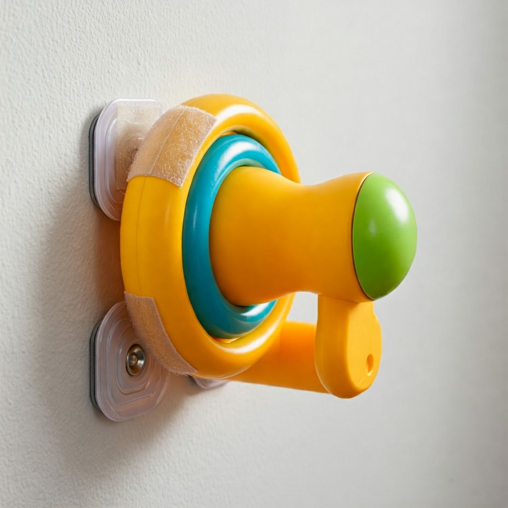 A colorful toy securely attached to a wall using hook and loop fasteners for childproofing