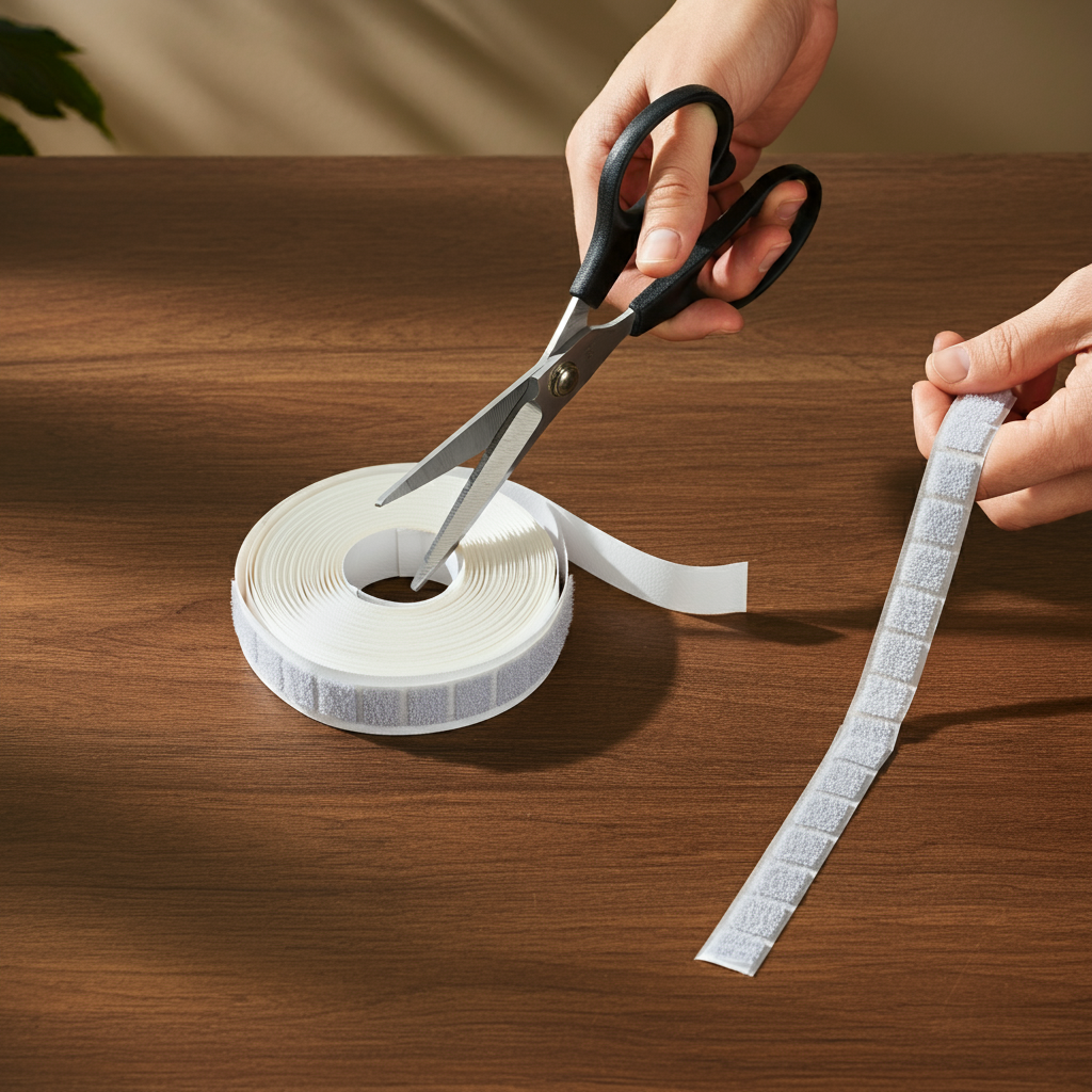 A roll of hook and loop tape being cut
