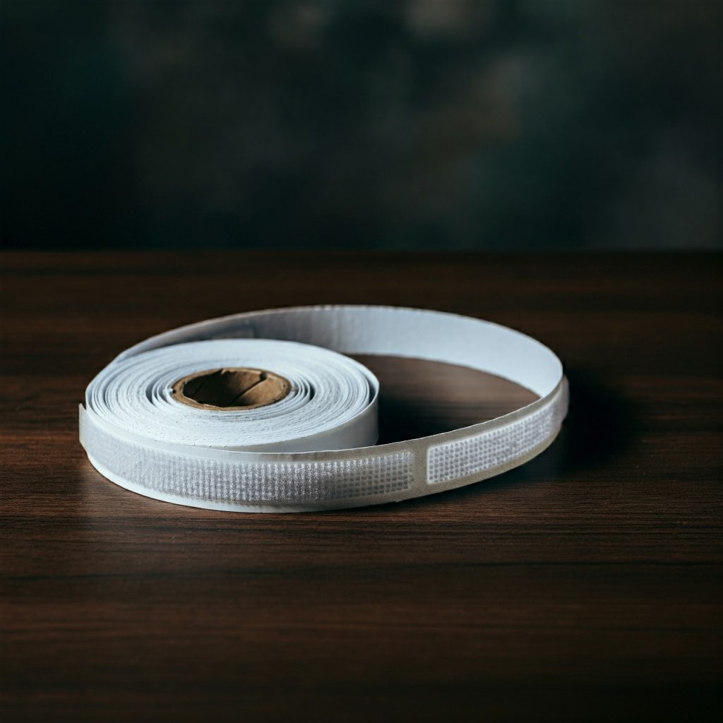 A roll of white hook and loop tape on a wooden table