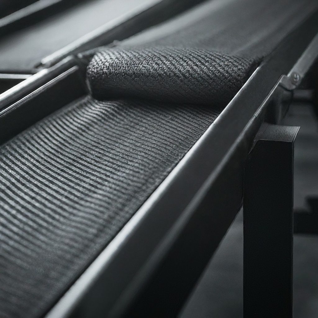 High tenacity polyester mesh used in a heavy-duty industrial conveyor belt, demonstrating its resistance to abrasion
