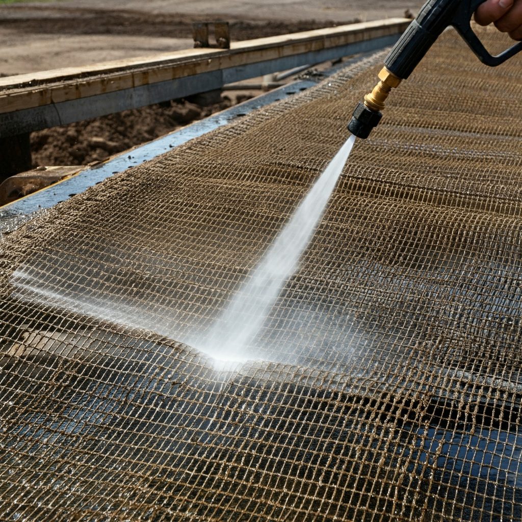 Industrial worker cleaning a high tenacity polyester mesh screen with a pressure washer