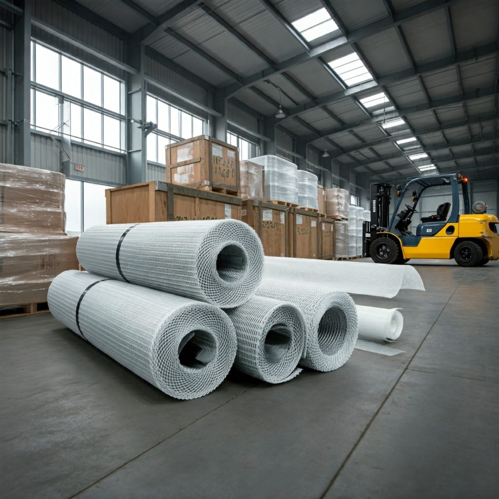 Proper storage of high tenacity polyester mesh rolls in a climate-controlled warehouse