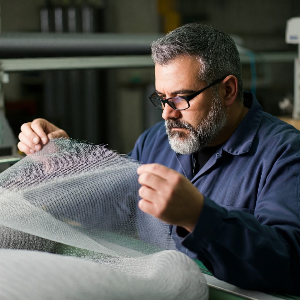 Technician inspecting high tenacity polyester mesh for signs of wear