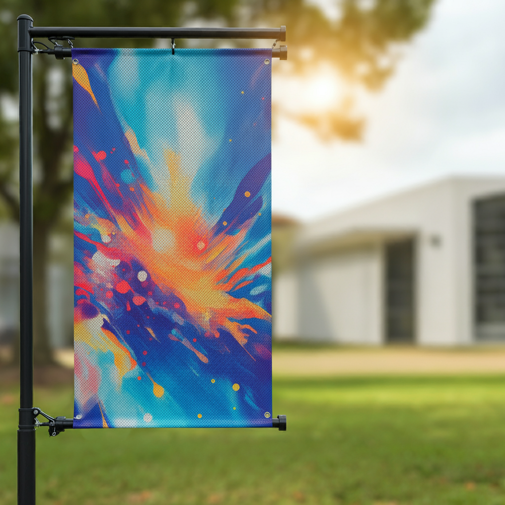 Vibrant banner printed on durable polyester mesh, resisting wind and weather