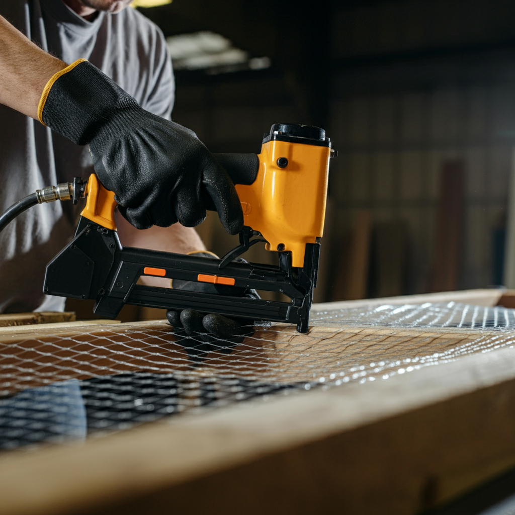 Installing high tenacity polyester mesh with a staple gun